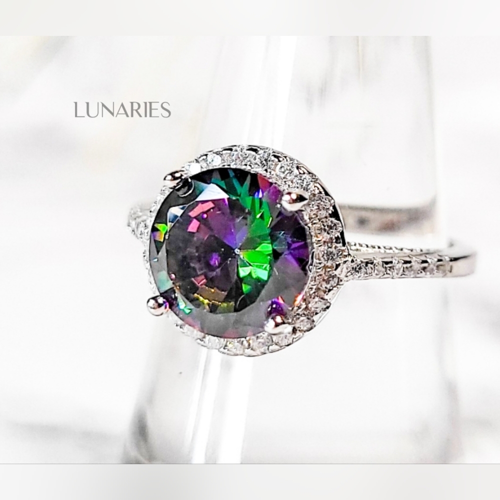 Rainbow Mystic Topaz CZ Halo Ring 925 Sterling Silver Statement Cocktail Jewelry